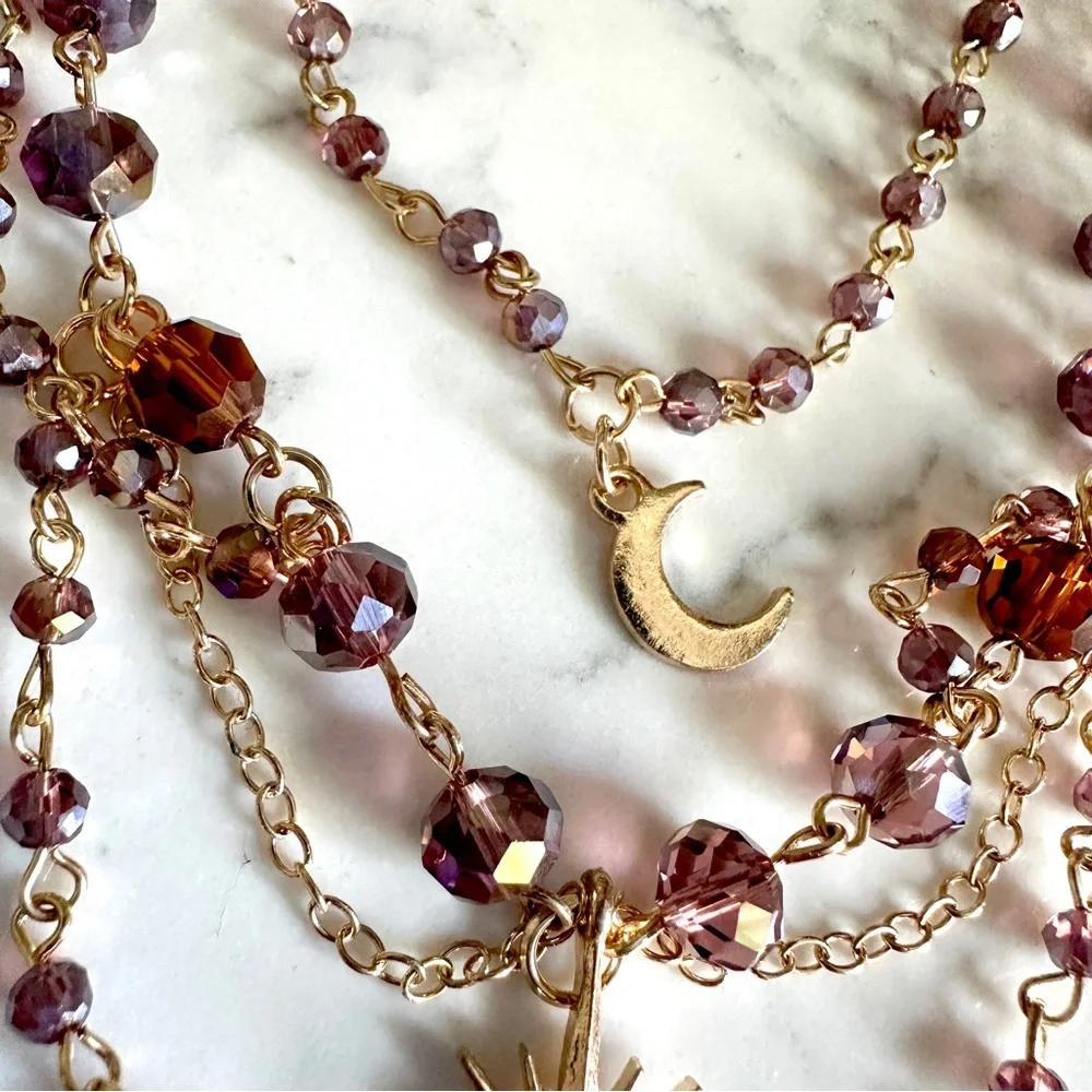 Celestial Layered Choker Necklace Star Moon Pink Purple Gold Tone Vtg Style NEW